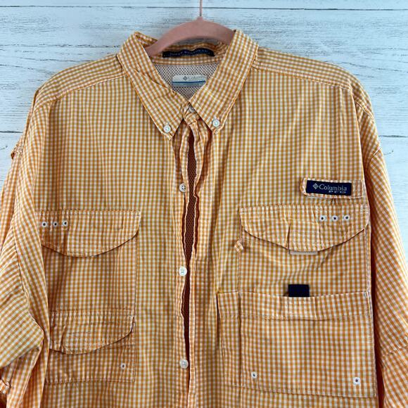 Columbia Orange and White Check PFG Button Down Shirt Size XL - Picture 3 of 8
